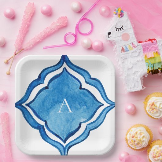 Assiettes En Carton Monogramme de Carrelage bleu cobalt méditerranéen (Fête)