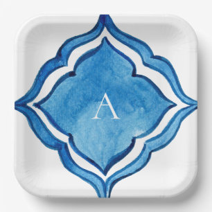Assiettes En Carton Monogramme de Carrelage bleu cobalt méditerranéen