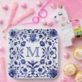 Assiettes En Carton monogramme de conception bleu Delft (Fête)