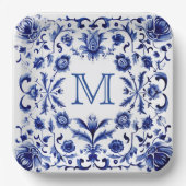 Assiettes En Carton monogramme de conception bleu Delft (Recto)