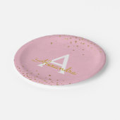 Assiettes En Carton Monogramme de confetti rose et or (Angle)