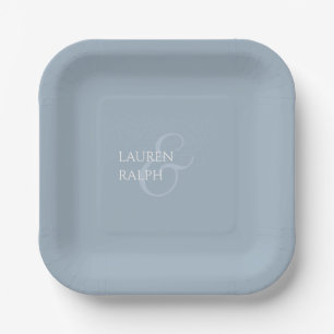 Assiettes En Carton Monogramme de couple bleu poussiéreux et ivoire