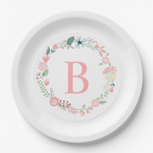 Assiettes En Carton Monogramme de couronne de fleurs rose (Devant)