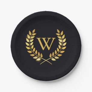 Assiettes En Carton Monogramme de couronne d'or Laurel