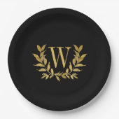 Assiettes En Carton Monogramme de feuille d'or noir Élégant Mariage ch (Devant)