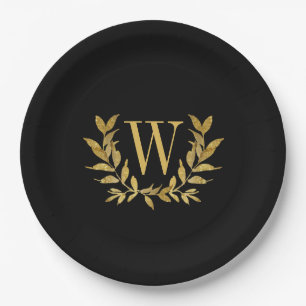 Assiettes En Carton Monogramme de feuille d'or noir Élégant Mariage ch