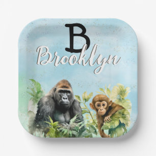 Assiettes En Carton Monogramme de la jungle de chimpanzé de gorille pe