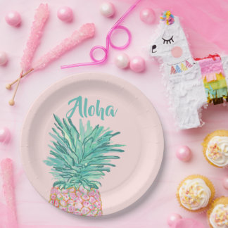 Assiettes En Carton Monogramme de l'ananas tropical coloré