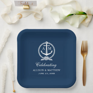 Assiettes En Carton Monogramme de mariage à l'ancre bleu marine nautiq