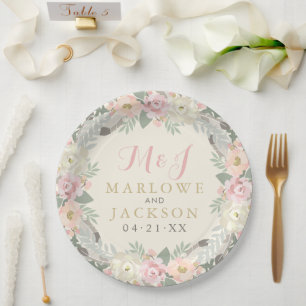 Assiettes En Carton Monogramme de mariage bohème floral rose et or