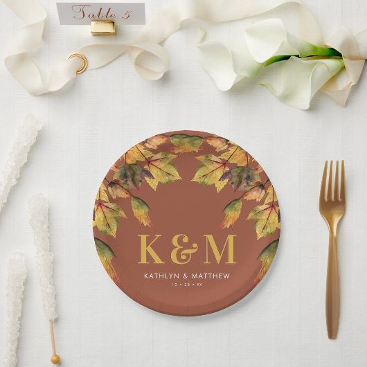 Assiettes En Carton Monogramme de Mariage de automne de feuillage Brow