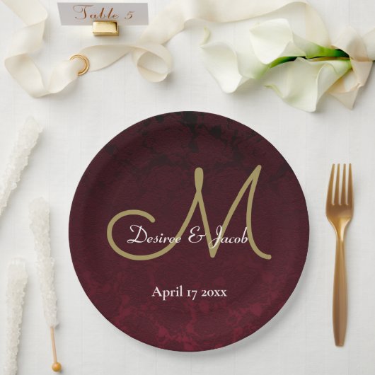 Assiettes En Carton Monogramme de Mariage Floral Blanc Or Bourgogne (Mariage)