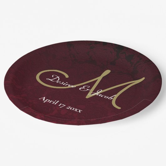 Assiettes En Carton Monogramme de Mariage Floral Blanc Or Bourgogne (Angle)