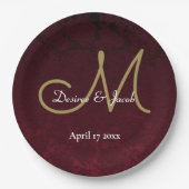 Assiettes En Carton Monogramme de Mariage Floral Blanc Or Bourgogne (Devant)