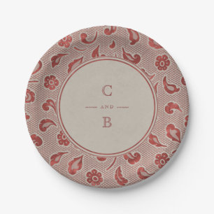 Assiettes En Carton Monogramme de mariage rustique Kraft rouge
