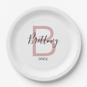 Assiettes En Carton Monogramme de mariée rose poudré