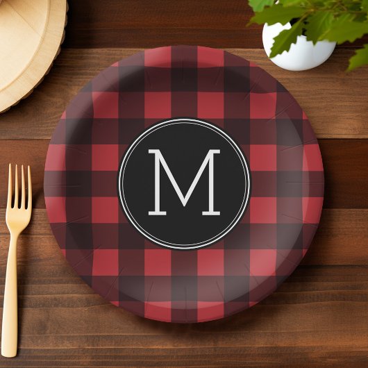 Assiettes En Carton Monogramme de Motif de Buffle Noir Rouge Rustique