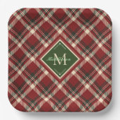 Assiettes En Carton Monogramme de Noël rustique Nom Red Green Plaid (Recto)