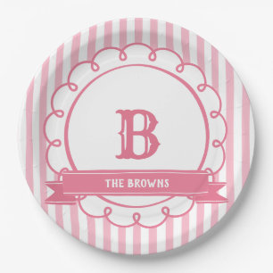 Assiettes En Carton Monogramme de nom de famille à rayures de bonbons