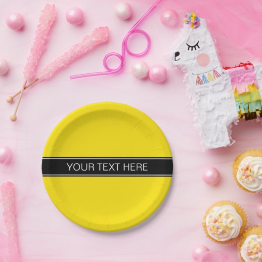 Assiettes En Carton Monogramme de nom de ruban noir jaune uni (Fête)