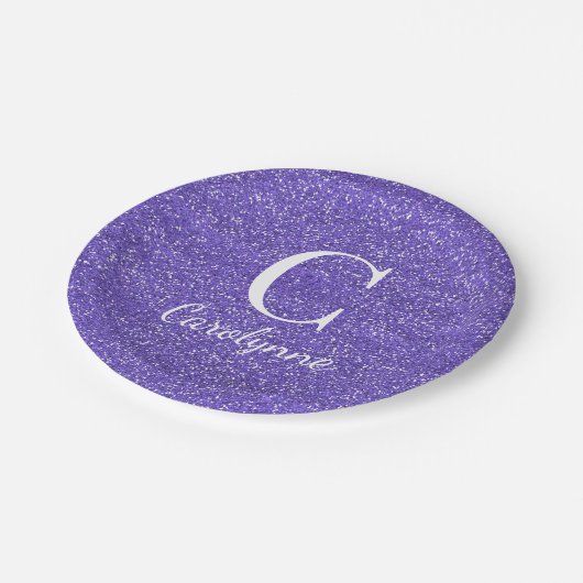 Assiettes En Carton Monogramme de Parties scintillant tendance violet  (Angle)