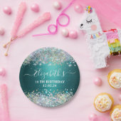 Assiettes En Carton Monogramme de Parties scintillant Turquoise modern (Fête)