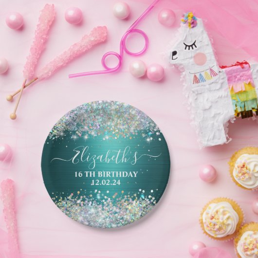 Assiettes En Carton Monogramme de Parties scintillant Turquoise modern (Fête)