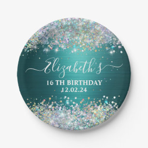 Assiettes En Carton Monogramme de Parties scintillant Turquoise modern