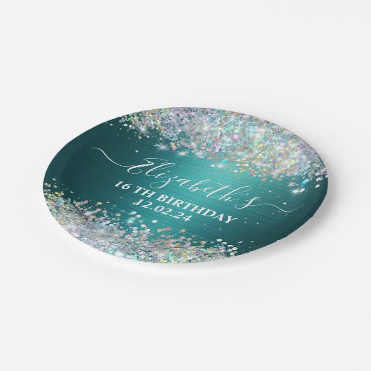 Assiettes En Carton Monogramme de Parties scintillant Turquoise modern (Angle)