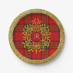 Assiettes En Carton Monogramme de plaid de Stewart de gui d'or