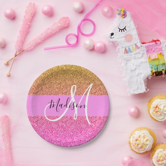 Assiettes En Carton Monogramme de reflet rose et or Parties scintillan (Fête)