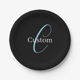 Assiettes En Carton Monogramme de script cursif éditable Noir Bleu Bla