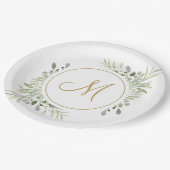 Assiettes En Carton Monogramme de script or élégant avec verdure (Angle)