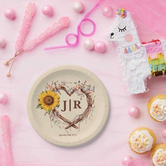 Assiettes En Carton Monogramme de tournesol rustique Mariage Branche c (Fête)