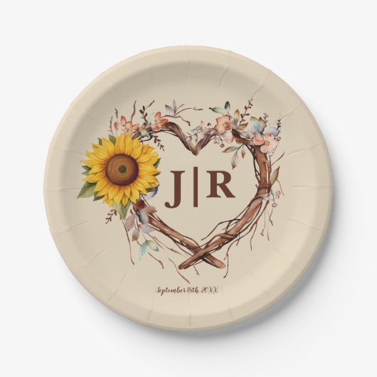 Assiettes En Carton Monogramme de tournesol rustique Mariage Branche c (Devant)