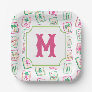 Assiettes En Carton Monogramme de tuiles de Mahjong Rose & Vert Palm B