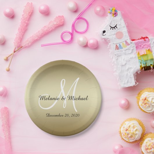 Assiettes En Carton Monogramme des plaques à papier | de mariage d'or (Fête)