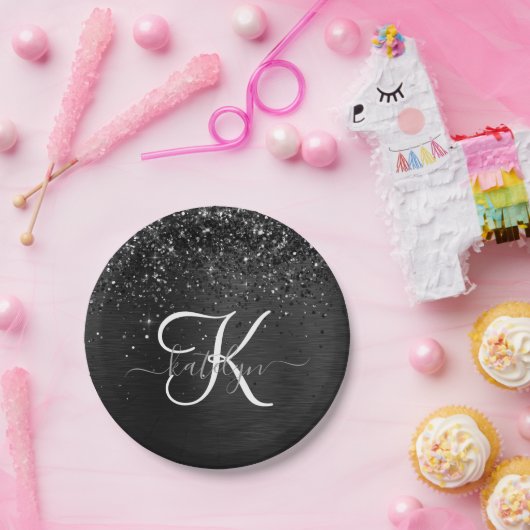 Assiettes En Carton Monogramme d'étincelle à Parties scintillant noire (Fête)