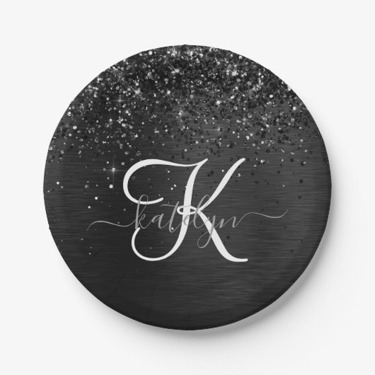 Assiettes En Carton Monogramme d'étincelle à Parties scintillant noire (Devant)