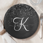 Assiettes En Carton Monogramme d'étincelle à Parties scintillant noire<br><div class="desc">Personnalisez facilement ce design élégant et branché de plaque en papier avec une jolie parties scintillant brillante noire sur un arrière - plan métallique brossé noir.</div>