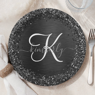 Assiettes En Carton Monogramme d'étincelle à Parties scintillant noire