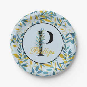 Assiettes En Carton Monogramme d'or de la Marine Feuille moderne "Lett