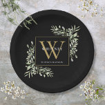 Assiettes En Carton Monogramme d'or noir Élégant vert moderne<br><div class="desc">Elégante aquarelle verte feuille monogramme plaque de papier nom avec un monogramme d'or initial sur un arrière - plan noir chic. Conçu par Thisisnotme©</div>