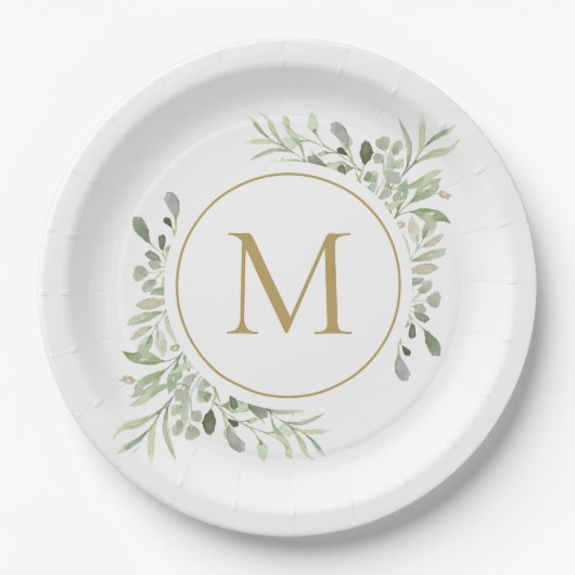 Assiettes En Carton Monogramme doré Feuillage de verdure Eucalyptus (Devant)