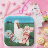 ASSIETTES EN CARTON MONOGRAMME DU BABY SHOWER STORK TWIN (Fête)