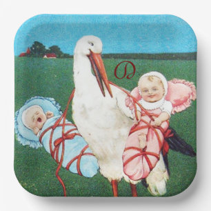 ASSIETTES EN CARTON MONOGRAMME DU BABY SHOWER STORK TWIN