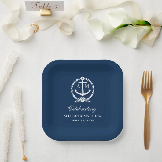 Assiettes En Carton Monogramme du Mariage d'Ancre bleu marine (Mariage)