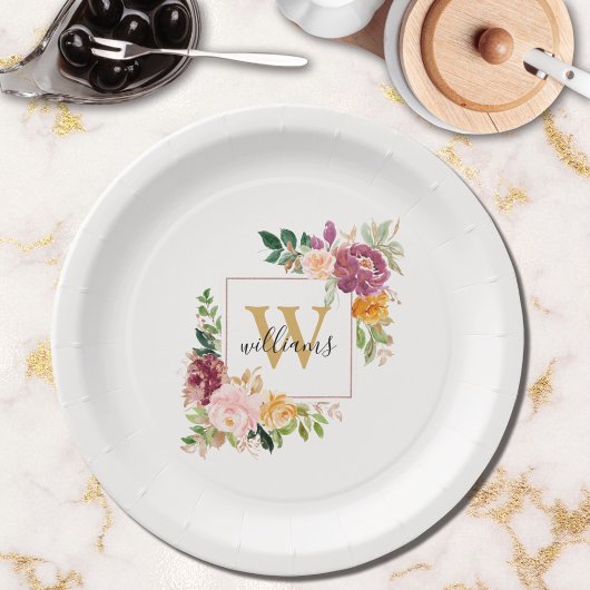 Assiettes En Carton Monogramme Elegant Aquarelle Rose Floral Botanique