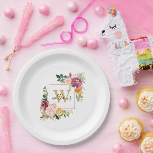Assiettes En Carton Monogramme Elegant Aquarelle Rose Floral Botanique (Fête)