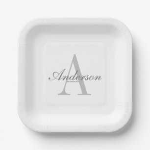 Assiettes En Carton Monogramme élégant blanc et gris